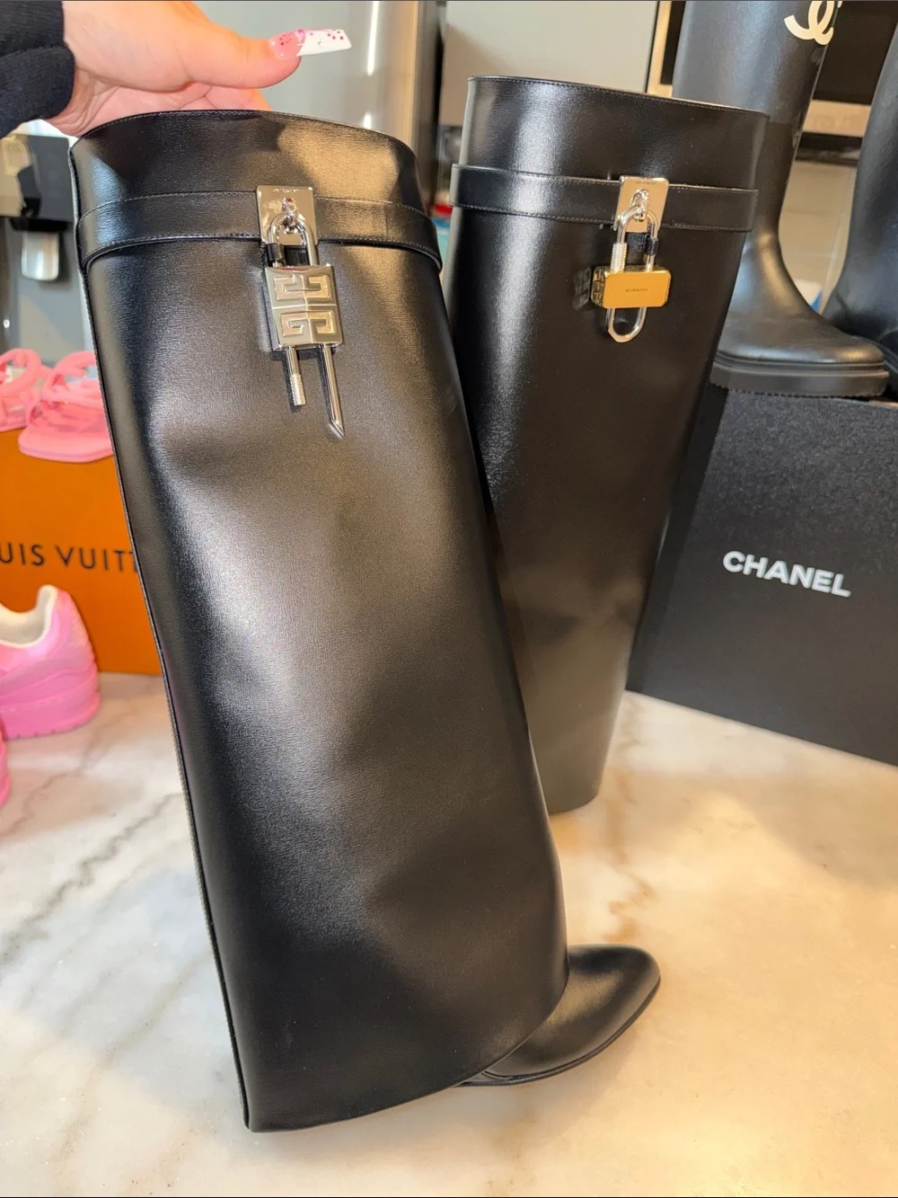 Givenchy SHARK BOOTS Black Leather with Silver Padlock Accent